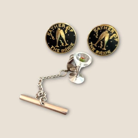 Father Of The Bride Cufflinks & Swank Martini Glass Tie Tack Set - Picture 2 of 5